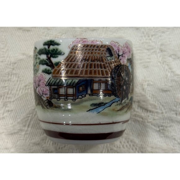 Vintage Japanese Tea Set With Scenic Hand-Painted Village & Cherry Blossoms - Picture 3 of 10
